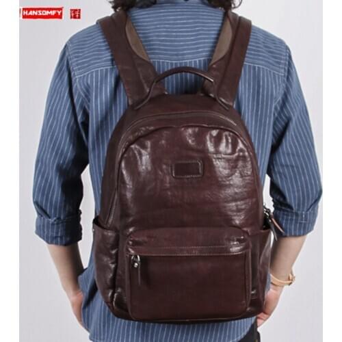 Retro Genuine Leather Mens Backpack 15.6 Inch Laptop Bag Men Large Capacity Travel Backpacks Cowhide Leather Male School Bags
