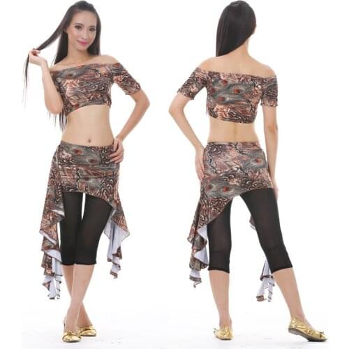 Peacock Print Belly Dance Practice Suit Crop Top + Skirt + Pant 3 Piece Women Oriental Indian Dancing Training Clothes Set