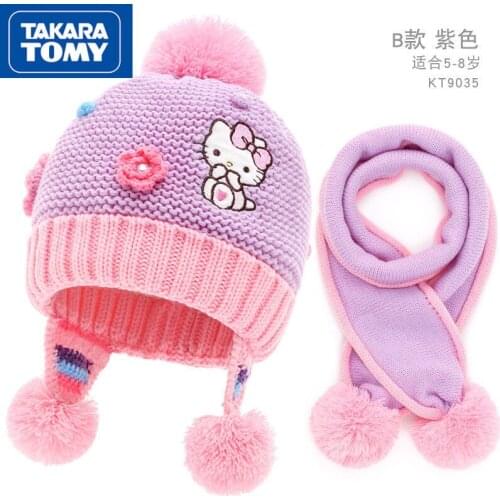 TAKARA TOMY fashion cartoon Hello Kitty hat scarf set simple winter ear protection warm plus velvet childrens wool hedging