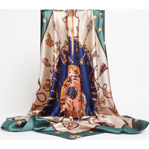 Vintage Print Silk Shawl Satin Square Scarf For Women Headscarf Neckerchief Female Headband Foulard Hijab Hair Bands Bandana