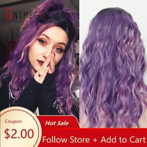 GNIMEGIL Hair Replacement Wigs with Bangs 22'' Long Lavender Water Wave Dark Roots Ombre Purple Wig for Women