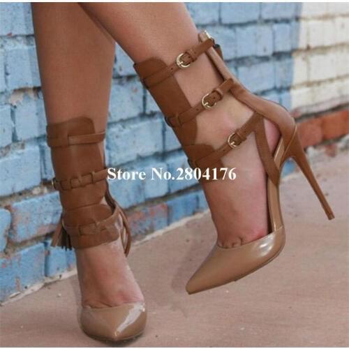 Women Fashion Pointed Toe Black Brown Stiletto Heel Pumps Ankle Wrap Super High Heels Knight Gladiator Shoes Dress Shoes
