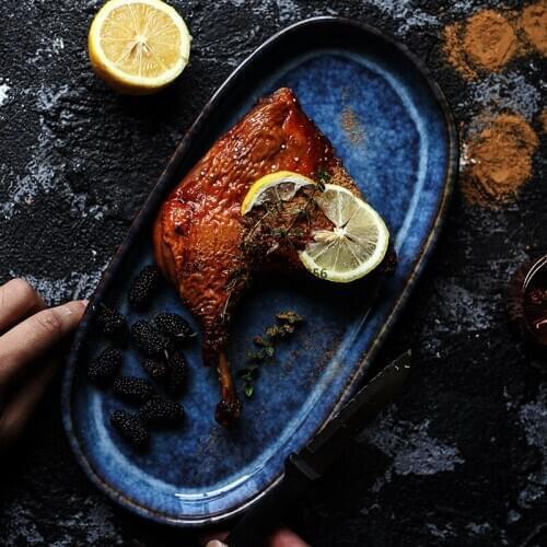 Creative and Practical Dark Blue Ceramic Plate Oval Long Plate 12inch 900g Large Plate Fish and Chicken Wings Bar Tableware