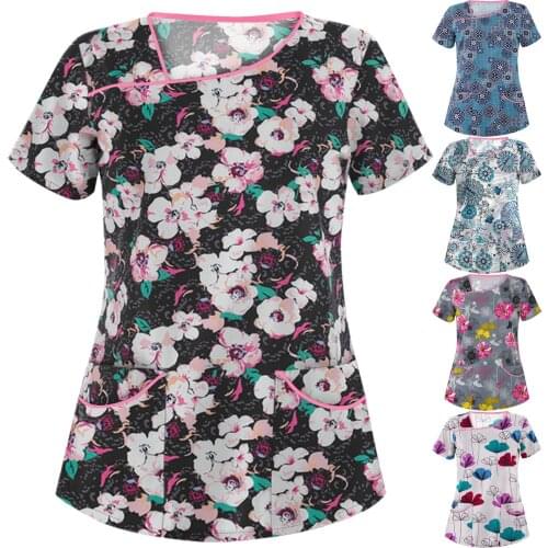 Women Nurse Uniform Fashion Flower Print Short Sleeve V-Neck Tops Clinical Working Uniform Blouse Shirt Protective Clothing 2021