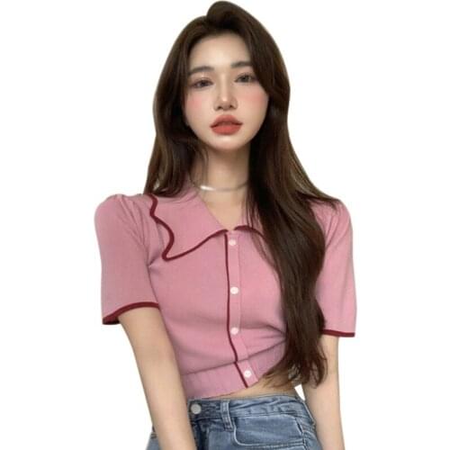 Summer New Knitted Short Sleeve Cropped Slim Tshirt Women Cardigans Lady Single-breasted Tops Holiday Femme Sweet T-shirt