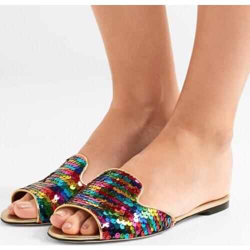 New Girls Rainbow Color Bling Sequins Women Open Toe Flat Slides Ladies Slip On Sandals Glitter Female Flatties Street Slipper