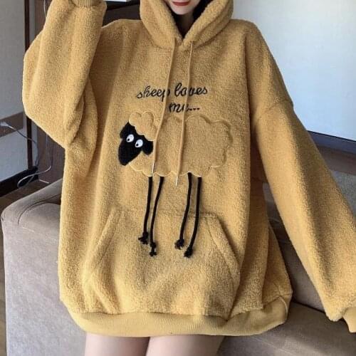 Harajuku Cartoon Sheep Cashmere WomenS Hooded Pullover Winter Fashion Loose Oversized Embroidered Wool Clothing 2021