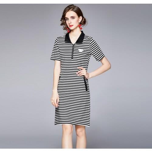 2021 New Women Dress Office Lady COTTON A-LINE Zippers Mid-Calf Women Elegant Dresses Party O-Neck Striped Women Summer Dresses