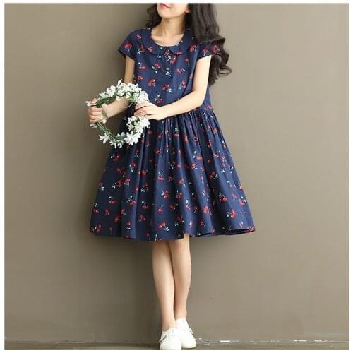 2019 Women summer Mori girl cherry print peter pan collar dresses loose plus size cute knee-length dress