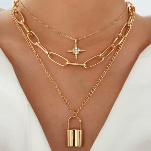 Fashion Multilayer Padlock Punk Star Pendant Necklaces for Women Gold Color Geometric Chain Choker Charm Femme Gift Jewelry