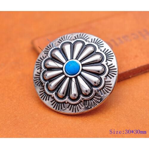 30mm 10PCS SILVER WESTERN FLORAL TURQUOISE BEAD LEATHERCRAFT WESTERN HORSE SADDLE CONCHO LOT FOR BELT HOLSTERS KEYCHAIN DECOR