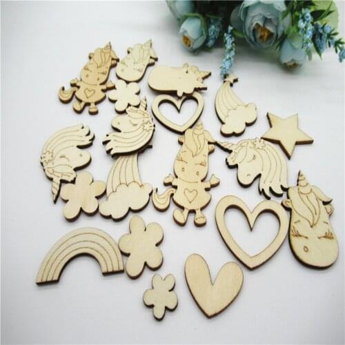 20/50pcs 15-65mm mix Natural Wood Cloud rainbow carved unicorn flower Pattern Art Scrapbooking Carfts DIY handmade decoration
