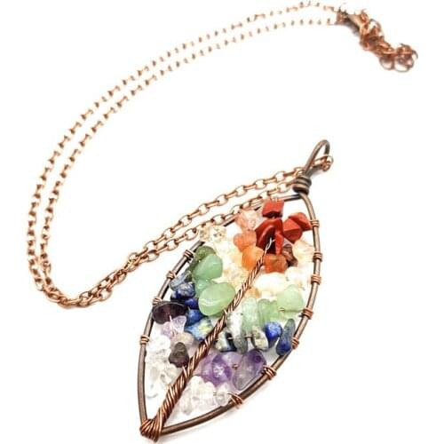 Antique Copper Chakra Chip Stone Tree of Life Pendant Necklace Crystal Healing Jewelry for Women Wrapped Style