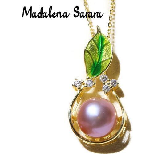 MADALENA SARARA AAA 9-10mm Freshwater Pearl Pendant Necklace Pink Purple Green Leaf Style Chain Necklace