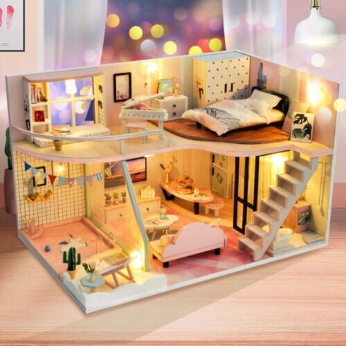 Kids Wooden Doll House Furnitures Diy 3D Garret Loft Miniaturas Assemble Dollhouse Toys for Children Birthday Gifts