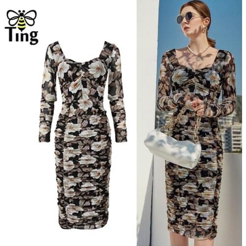 Tingfly Designer Runway Floral Sexy Bodycon Party Night Dress Sheath Hot Zevity Women Fashion Black Pink Color Vestidos Elbise