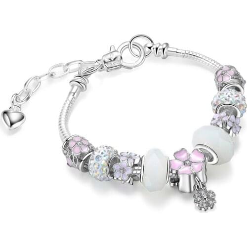 Elegant Gift Pink Plum Crystal Pendant Pulseira Glass Beads European Womens DIY Bracelets 2018 New Arrival Jewelry Bangle Charm