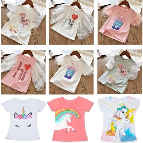 Cartoon Unicorn Printing Girls T-Shirt Boys Short Sleeve Summer Kids Clothes Children Birthday Party Costume