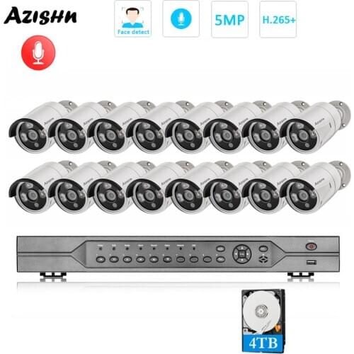 AZISHN Face detect 16CH 5MP POE NVR Kit H.265 CCTV System 3IR LEDS IP Camera Audio outdoor P2P Security Video Surveillance set