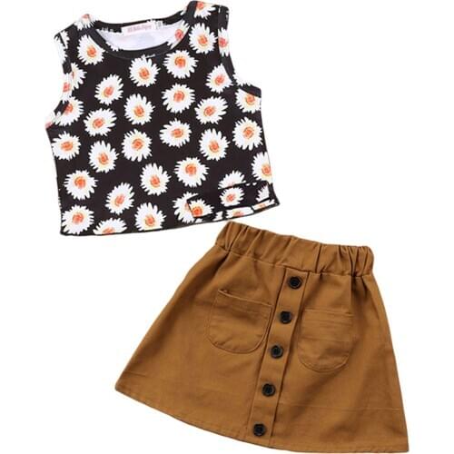 Sweet Toddler Baby Girl Clothes Suit Set Girls Sunflower Print Round Neck Sleeveless Tops+ Solid Color Skirt Summer 2pc Outfit
