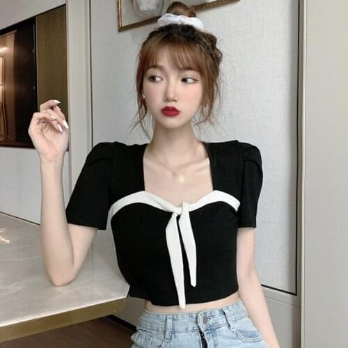 Square Neck Bowknot Summer Tshirt Design Sense of Slim Short Women Knitted Short Sleeves Tee