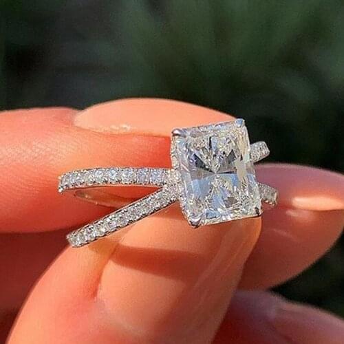 JK Trendy Micro Paved Geometric Double Crack Band Wedding Women Rings With Sparkly Square CZ Stone Elegant Finger Ring