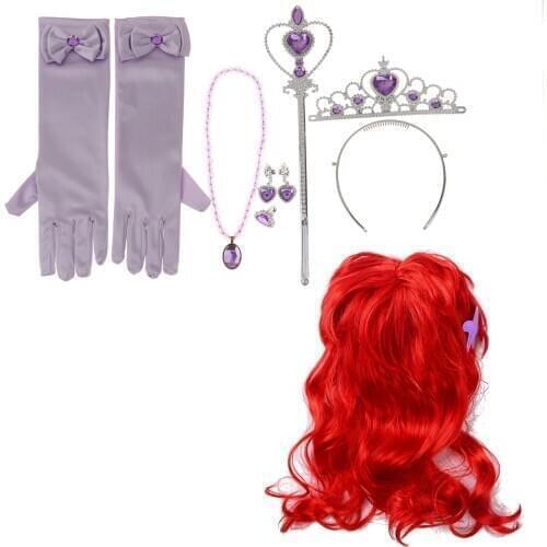 Mermaid Costume Accessories Sets Red Long Wavy Hair Wig Crown Tiara Wand Girls Halloween Anime Cosplay Party Princess Dress Up