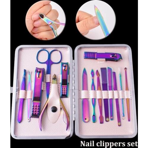 15pcs/set Rainbow Stainless Steel Chameleon Manicure Nail Kits Clippers Cutter Pliers Sanding File Acne Needle Toenail Grooming