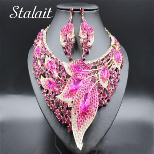 Luxury Crystal Wedding Bridal Jewelry Sets Gold Color Leaf Rhinestone Wedding Jewelry Necklace Sets For Women Statement Jewelry