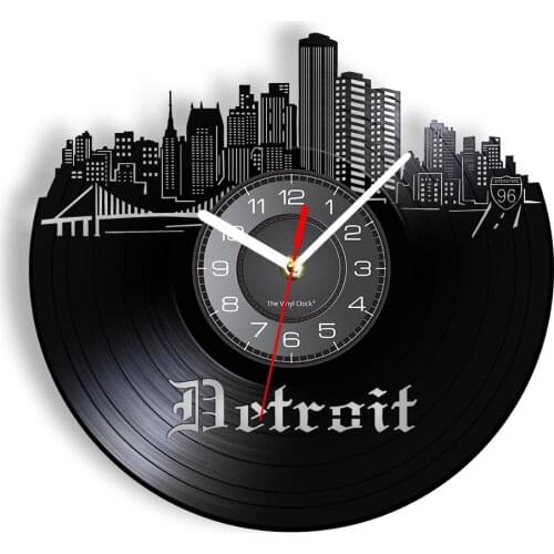 American Detroit Landscape Dacorative Wall Clock Motor City Skyline Skyscraper Laser Cut Retro Longplay Wall Watch Disk Crafts