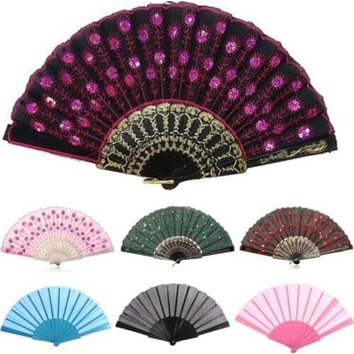 Newest Dance Fan Peacock Pattern Folding Hand Held Beautiful and Practical Embroidered Sequin Party Wedding Decorative Fans