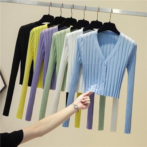 Solid Black Cropped Sweater Purple Knitted Ribbed Cardigan Yellow Crop Top Long Sleeve Women Pullovers Elegant Blouses Clothing