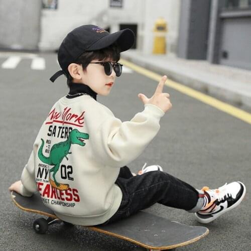 Autumn and Winter Small and Medium the Big Kids Cartoon Dinosaur Print Velvet Padded Thickened Sweater Boys' Collar Stitching Bo