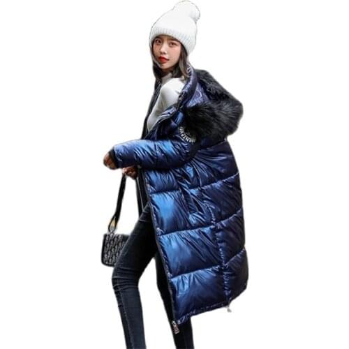 2020 New Women Long Coat Parkas Female Glossy Winter Warm Thicken Faux Fur Coats Silver Down Jacket Parker Jacket Coat