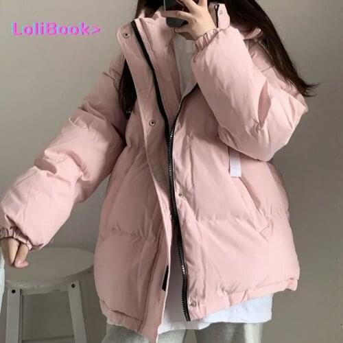 Lolibook Women Solid Oversize Thick Warm Hooded Parkas Female Casual Winter Down Coats Harajuku Cotton-padded Korean Outerwears