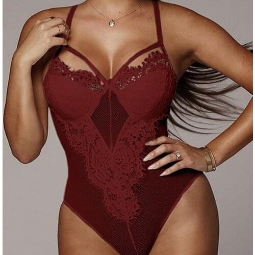 Plus Size 5XL 2021 Summer Women Hollow Out Sexy Bodysuit Spaghetti Strap Lace Skinny Jumpsuit Solid V-neck Mesh Rompers Female