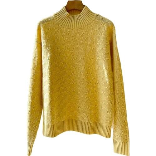 SHUCHAN YELLOW Half High Collar Knitted SWEATER WOMEN Fall Sweaters for Women Geometric100% Cashmere KOREAN