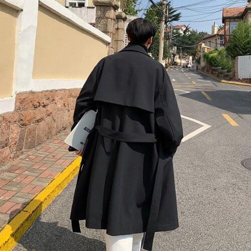 Dark Black Windbreaker Mens Mid-length Coat Korean Version of the Trend of Handsome Tide Brand Ins Loose Casual Spring and Autu