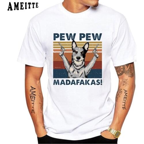 Vintage Collection Of Dog Print T-shirts Men Short Sleeve Australian Cattle Dog Pew Pew Classic T-Shirt Casual Hip Hop Boy Tees
