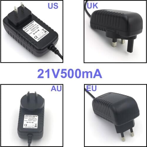 VORED 1PCS Lithium battery Power Supply Adapter Charger 21V 500mA US/EU/UK/AU Plug Converter DC 5.5*2.1mm Adaptor Free Shipping