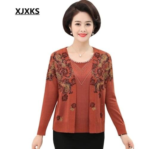 XJXKS 2019 Spring New Two-piece Set Casual Women Sweater Middle-aged Noble Plus Size Printing Cardigan Sweater And Knitted Tops