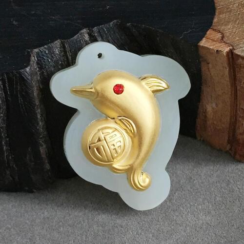 Fine Jewelry 24k Gold He Tian Jade Caved Fu Zi Dolphin Necklace Fashion Charm Lovers Pendant