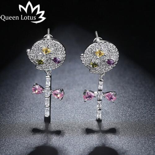 Queen Lotus 2018 Trendy Colorful Cubic Zircon Dangle Earrings for Women Luxury Crystal Flower Earrings Jewelry Female jewelery