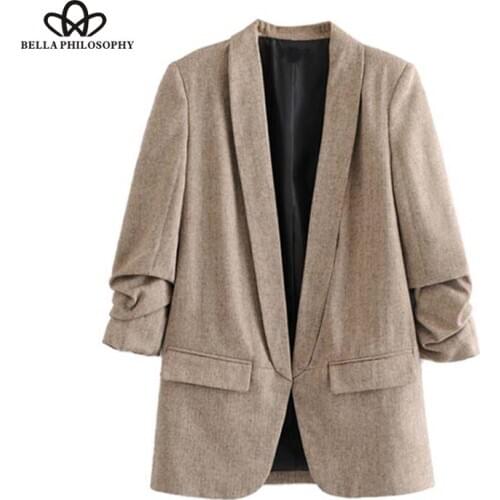 HStar women chic twill blazer gathered three quarter sleeve pockets office wear coat notched collar vintage outerwear