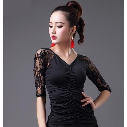 New Latin Dance Shirt Lace V-neck Female Adult National Standard Ballroom Dance Costume Sexy Tops Performance Practice Clothing