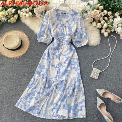 ALPHALMODA 2021 Summer Puff sleeve stretchy waist front slit women fashion holiday dress floral print mermaid dress