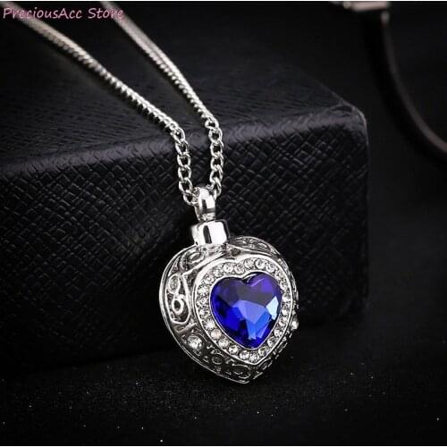 1pcs Beautiful Urn Cremation Heart Blue Crystal Pendant Ash Holder Memorial Necklace Jewelry