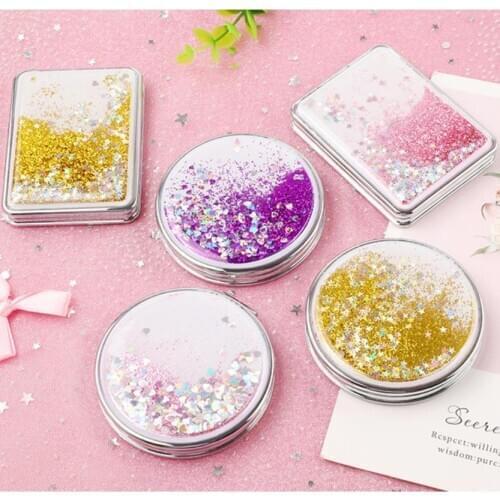 2-Face Mini Pocket Makeup Mirror Creative Cosmetic Compact Mirrors with Flowing Sparkling Sand Can Wholesale Lettering T0125