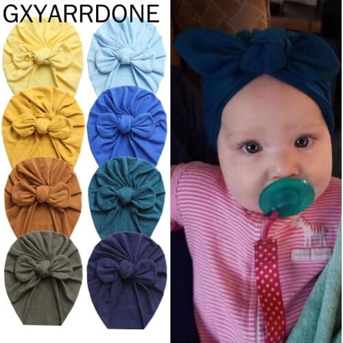 2021 Cute Cotton Bear Ear Turban Hats Candy Color Newborn Infant Baby Boy Girls Beanies 0-4T Fashion Winter Caps Headwraps