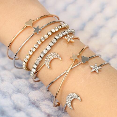 3 Pcs/ Set Classic Star Heart Moon Bracelets Set Fashion Crystal Multilayer Adjustable Open Bangles&Bracelet Women Party Jewelry